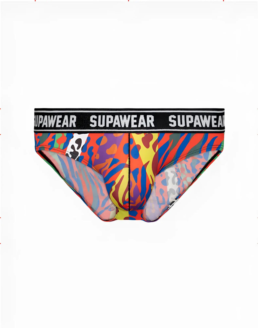Vibrant multicolored supawear pow brief underwear with bold abstract animal print and black waistband with white brand name