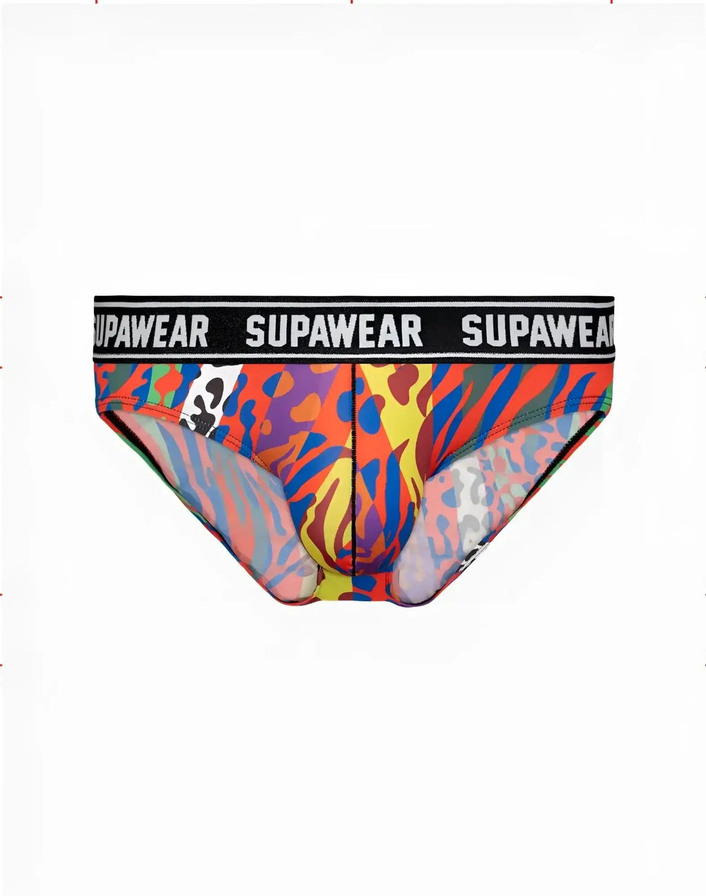 Vibrant multicolored supawear pow brief underwear with bold abstract animal print and black waistband with white brand name