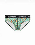 SupaWear POW brief underwear dragon with teal and orange geometric pattern and black waistband featuring brand name
