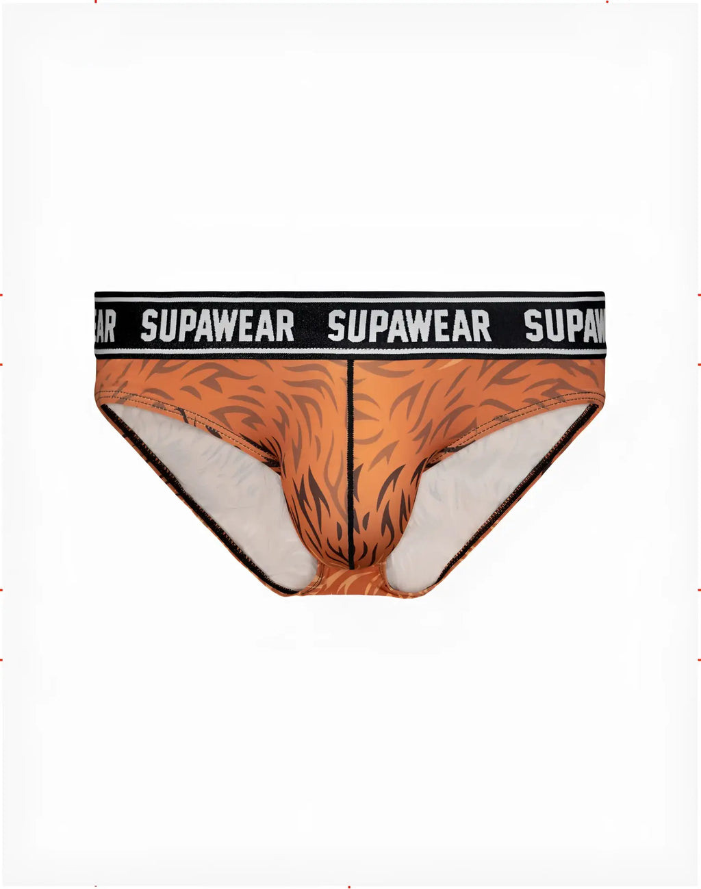 SupaWear Pow brief underwear in orange tiger-print with black waistband and white SupaWear lettering in Grizzly Bear design