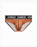 SupaWear Pow brief underwear in orange tiger-print with black waistband and white SupaWear lettering in Grizzly Bear design