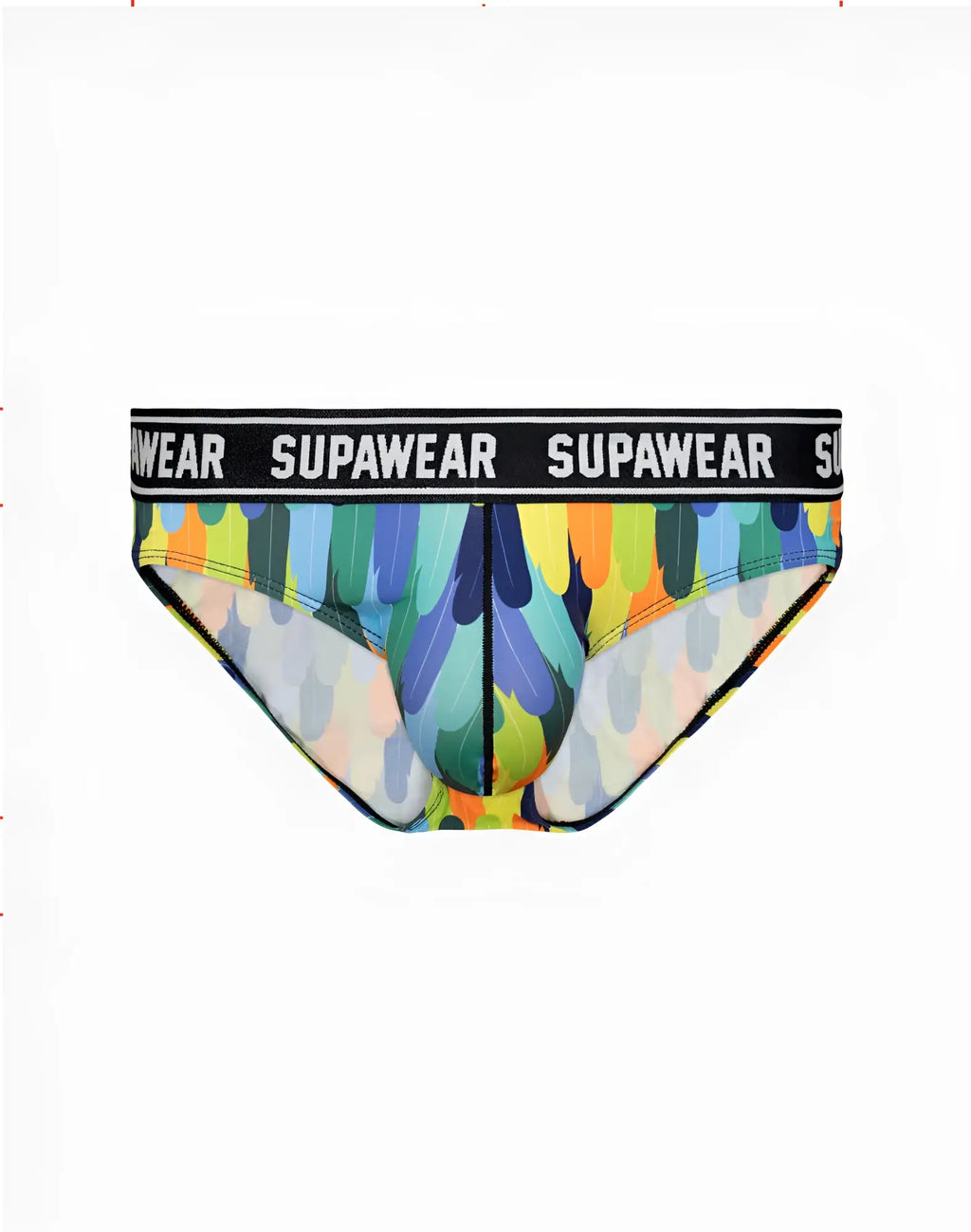 Supawear pow brief underwear with vibrant rainbow feather pattern and black elastic waistband with white branding