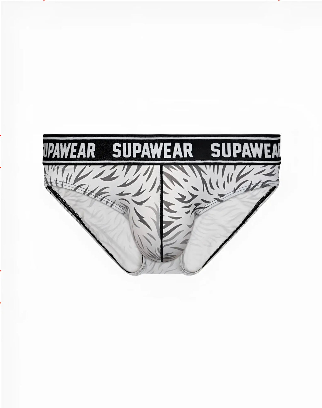 SupaWear POW brief underwear in white and black with a bold tiger stripe design called Polar Bear