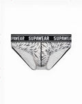 SupaWear POW brief underwear in white and black with a bold tiger stripe design called Polar Bear