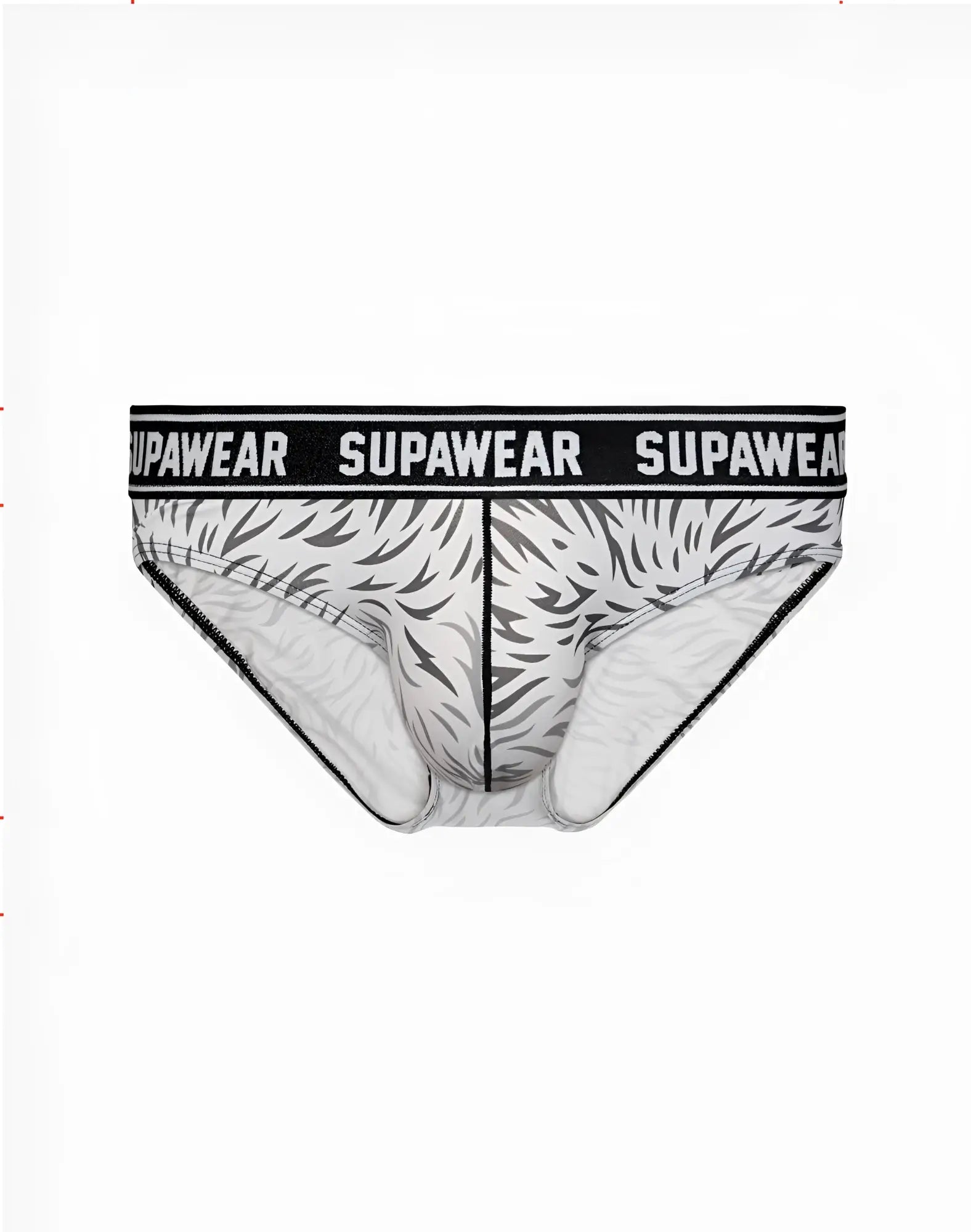 SupaWear POW brief underwear in white and black with a bold tiger stripe design called Polar Bear