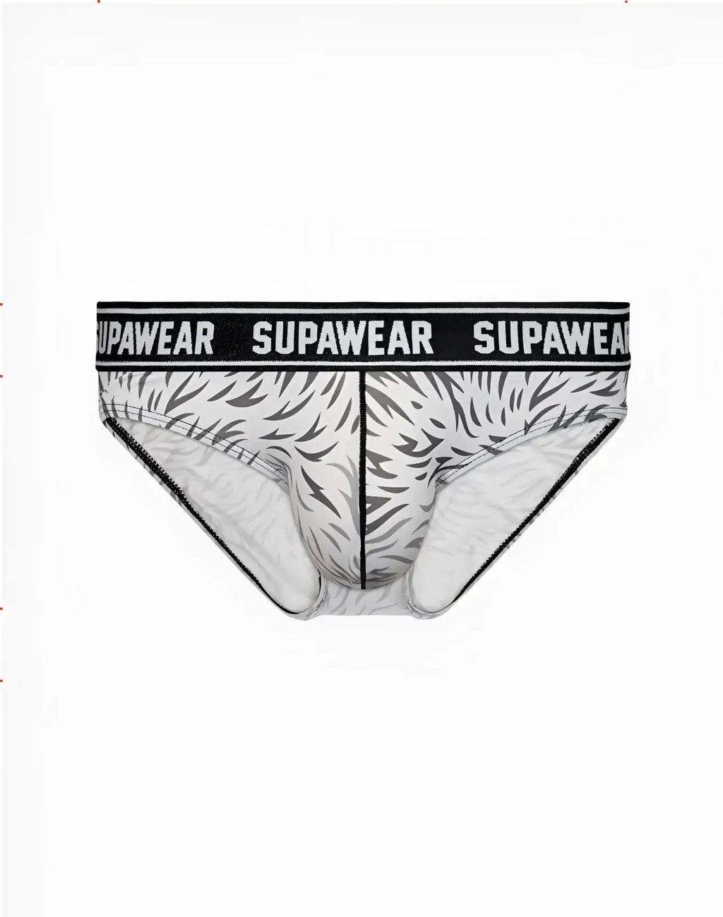 SupaWear POW brief underwear in white and black with a bold tiger stripe design called Polar Bear