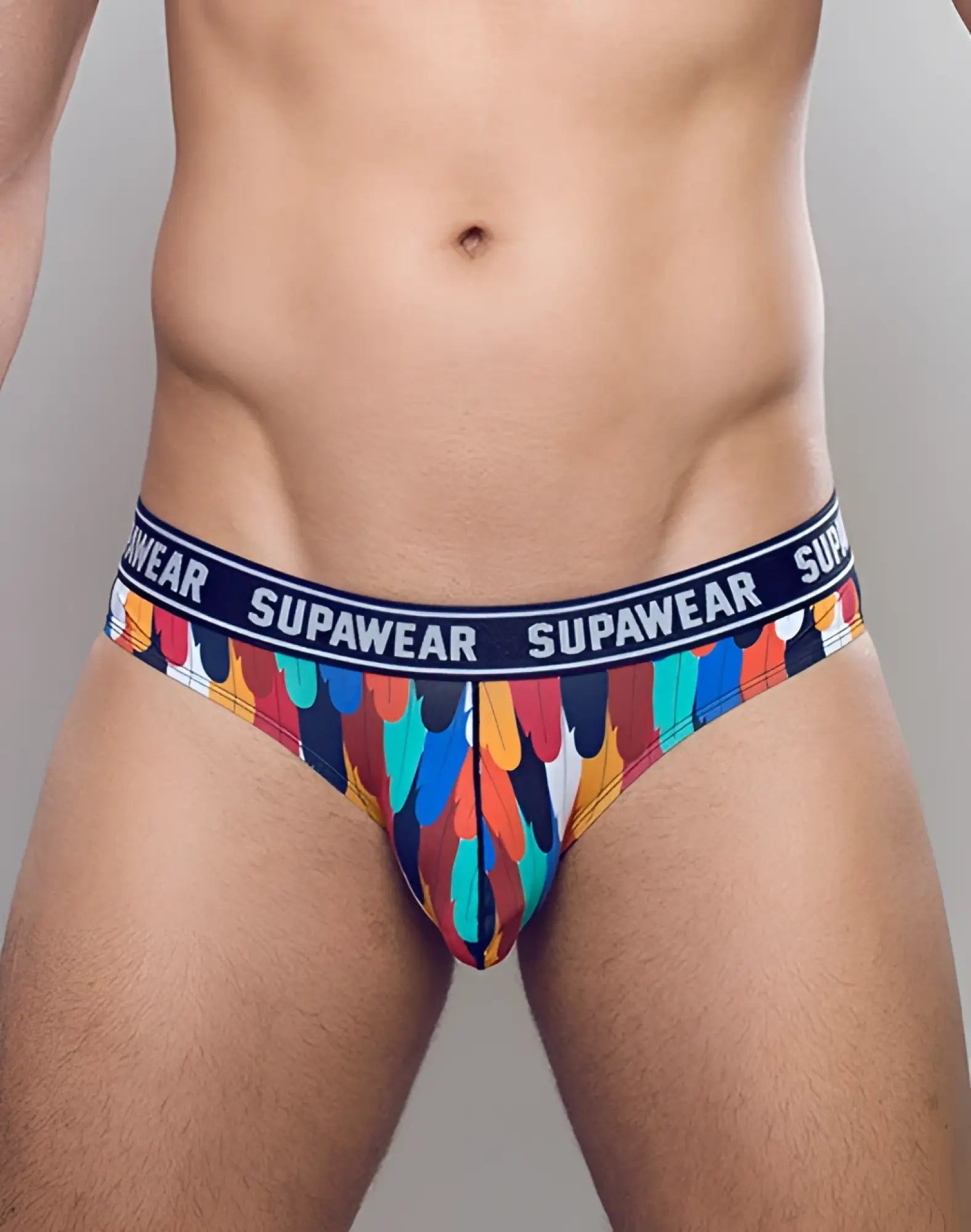 Colorful feather-patterned supawear pow brief underwear with navy blue waistband featuring supawear branding