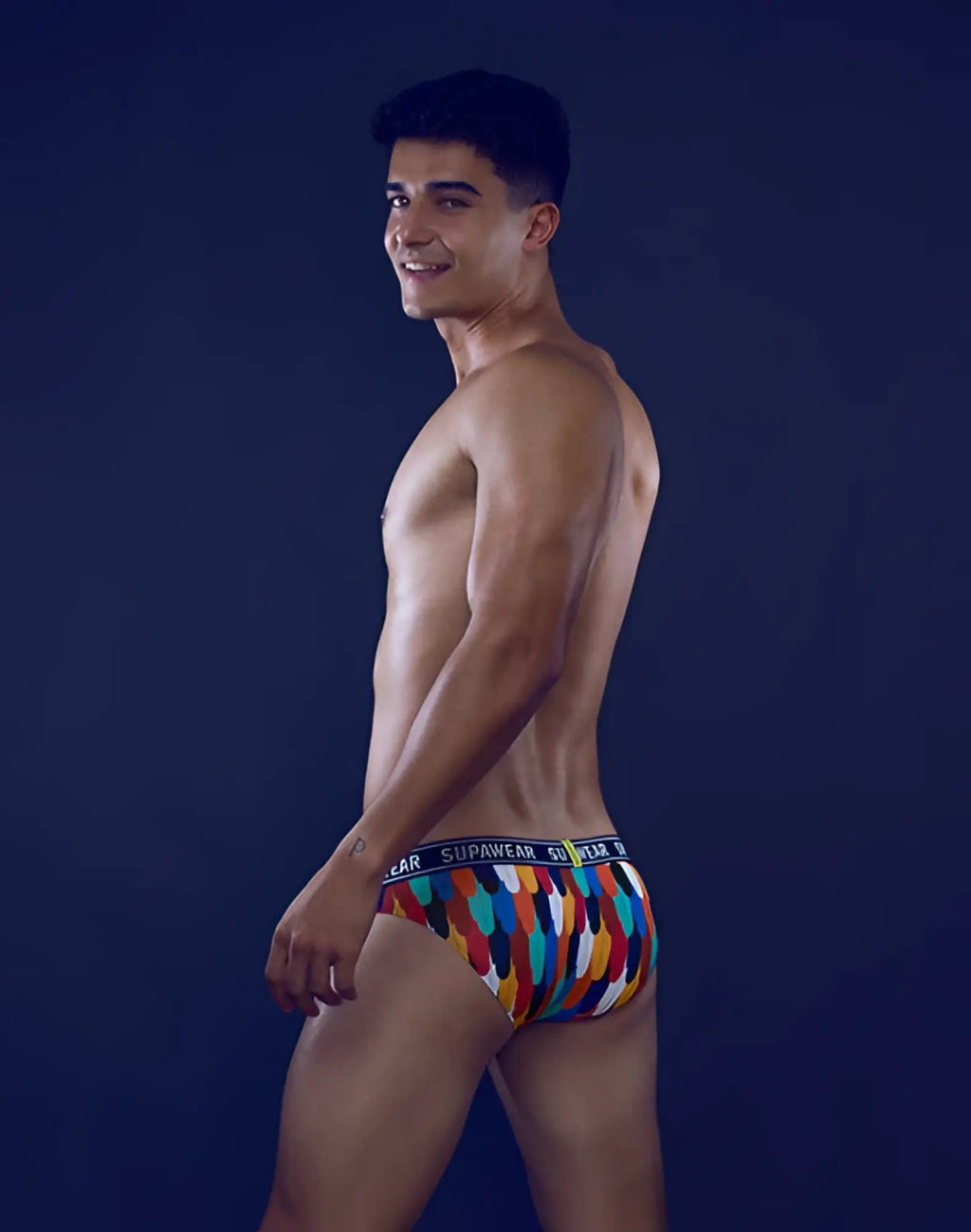 SupaWear POW brief underwear in a vibrant multicolored geometric pattern featuring colorful supawear design