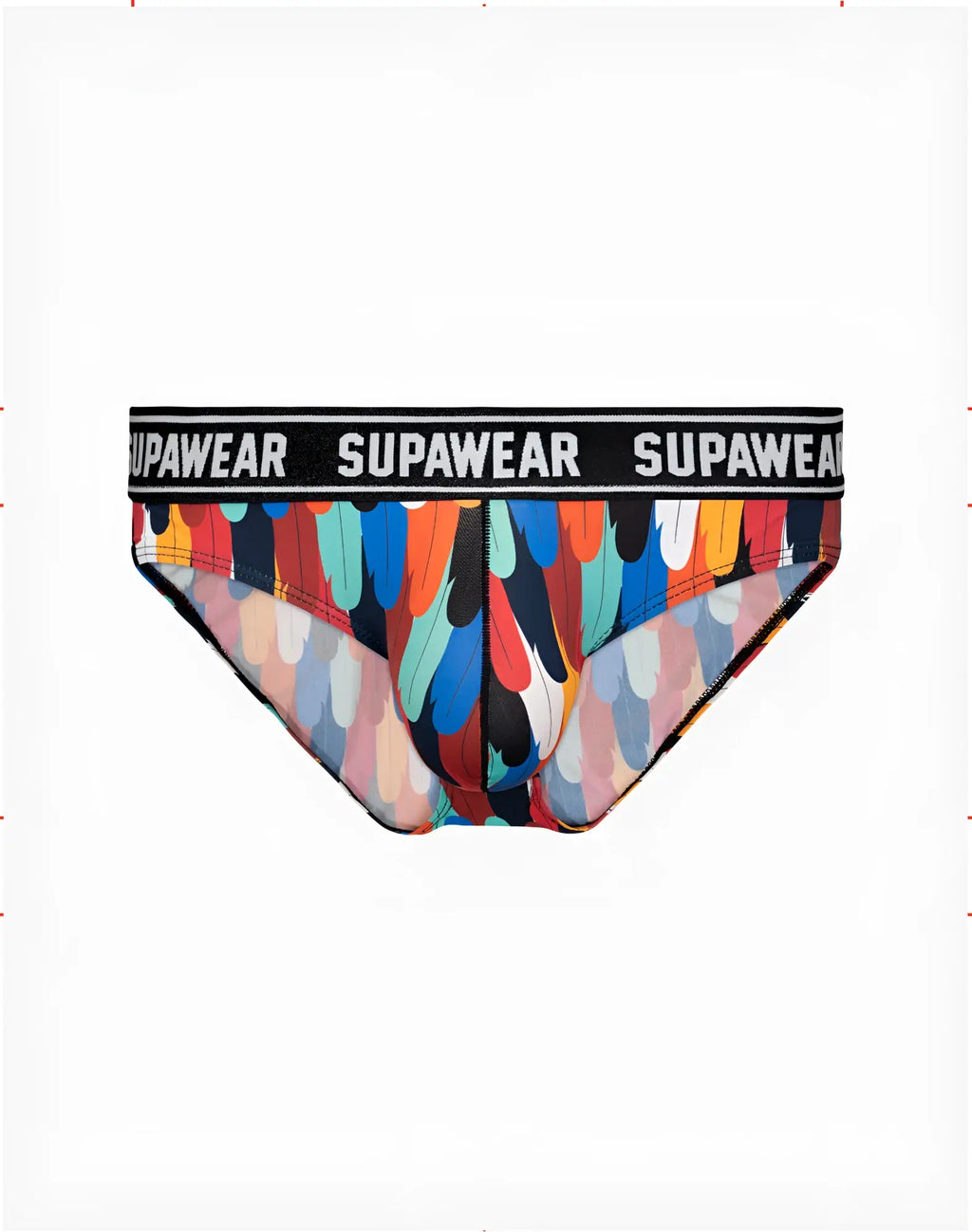 Supawear pow brief underwear rooster with vibrant multicolored feather pattern and black waistband with white branding