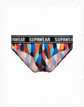 Supawear pow brief underwear rooster with vibrant multicolored feather pattern and black waistband with white branding