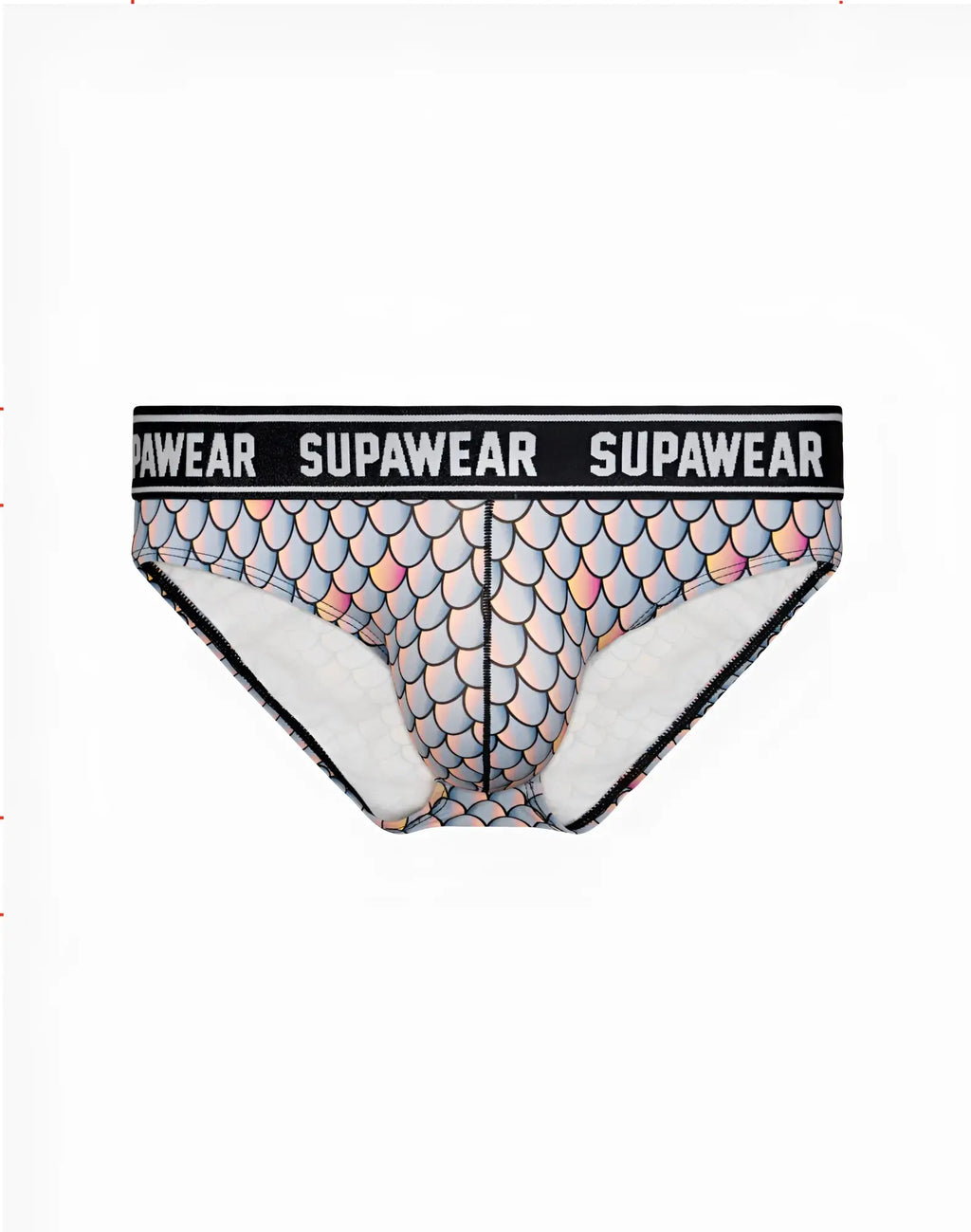 SupaWear POW brief underwear with mermaid-scale pattern, black waistband, and white interior lining sea monsta design