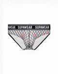 SupaWear POW brief underwear with mermaid-scale pattern, black waistband, and white interior lining sea monsta design