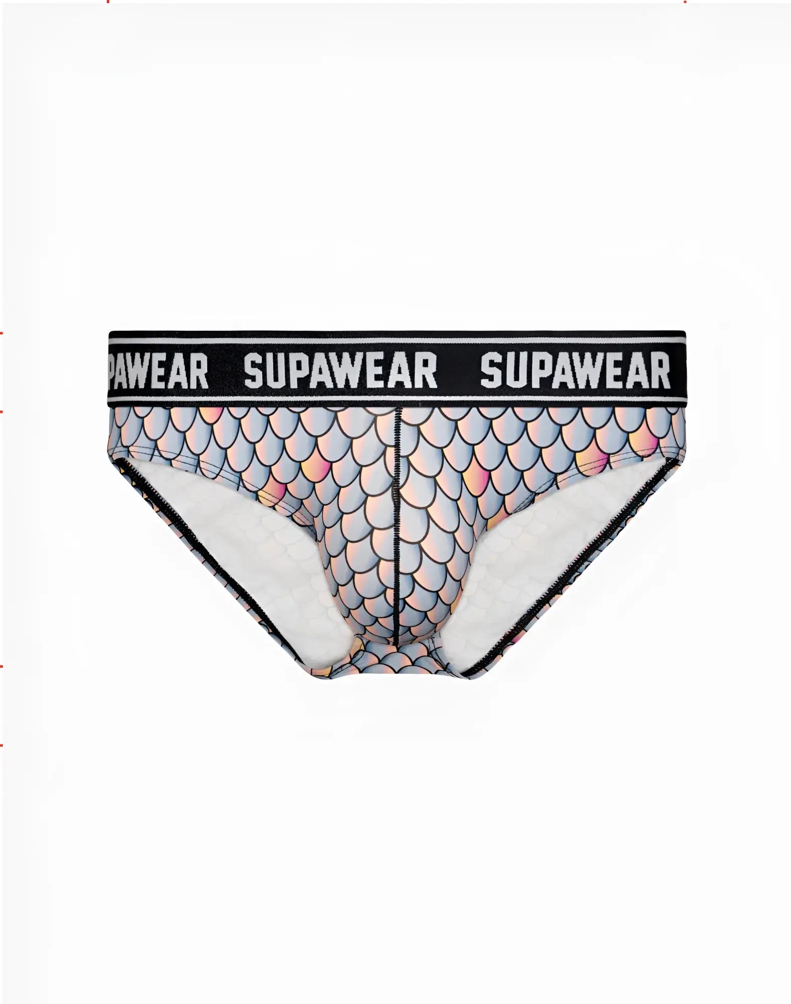 SupaWear POW brief underwear with mermaid-scale pattern, black waistband, and white interior lining sea monsta design