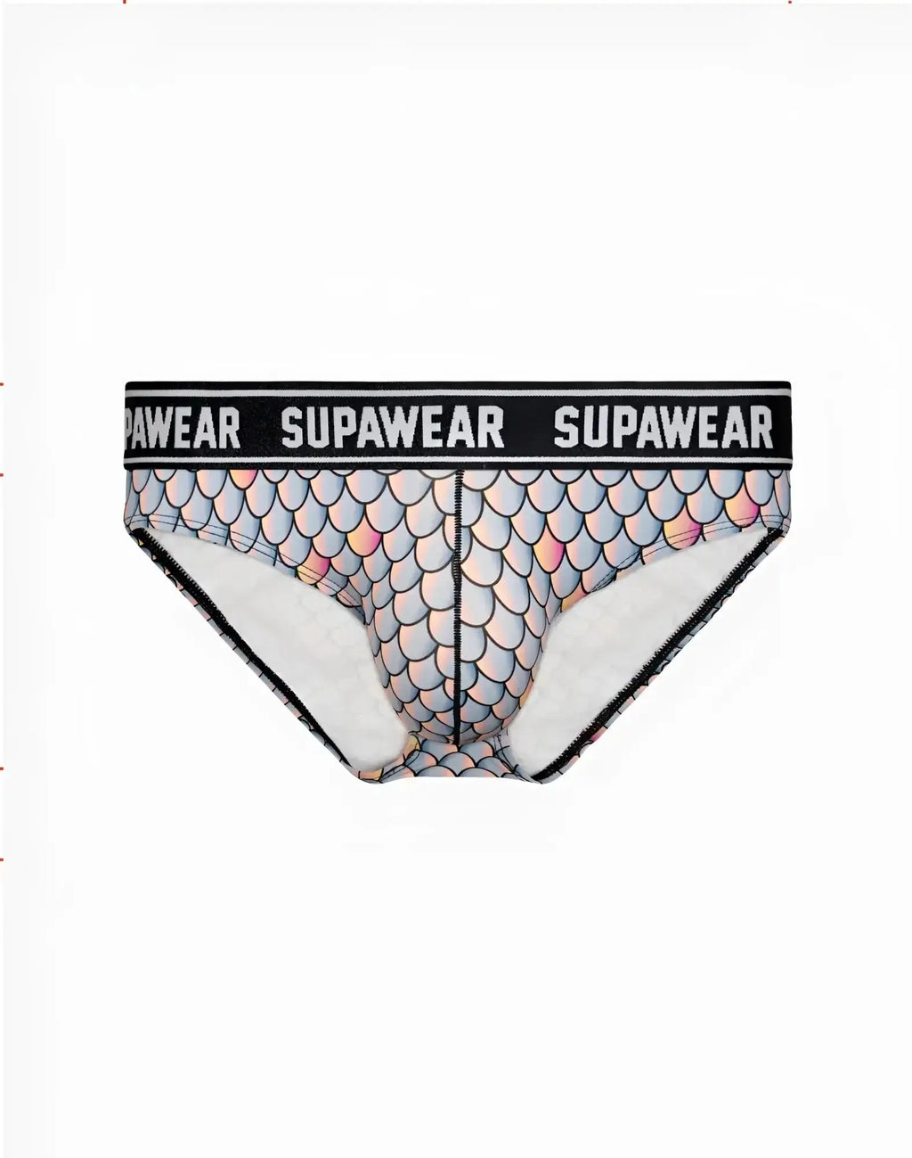 SupaWear POW brief underwear with mermaid-scale pattern, black waistband, and white interior lining sea monsta design