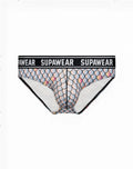 SupaWear POW brief underwear with mermaid-scale pattern, black waistband, and white interior lining sea monsta design