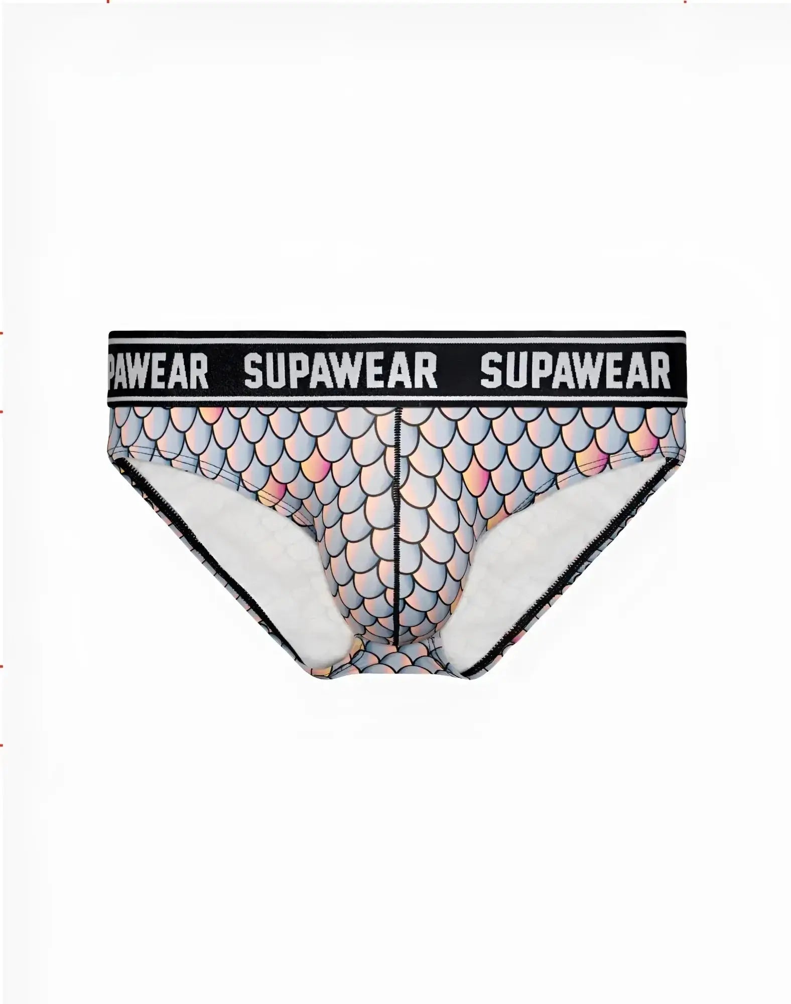 SupaWear POW brief underwear with mermaid-scale pattern, black waistband, and white interior lining sea monsta design