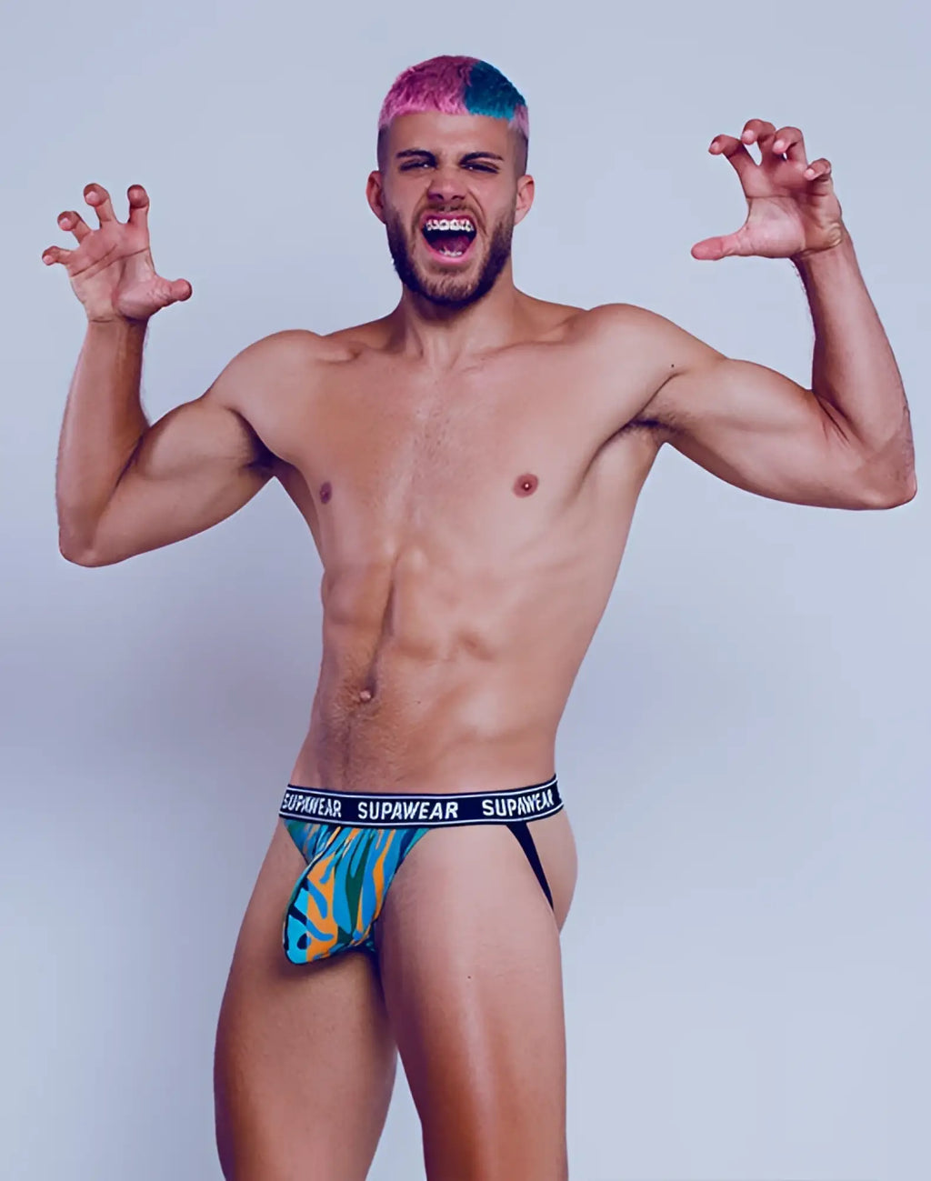 Supawear POW jockstrap underwear in blue and orange Arctic Animal pattern with black waistband for athletic support