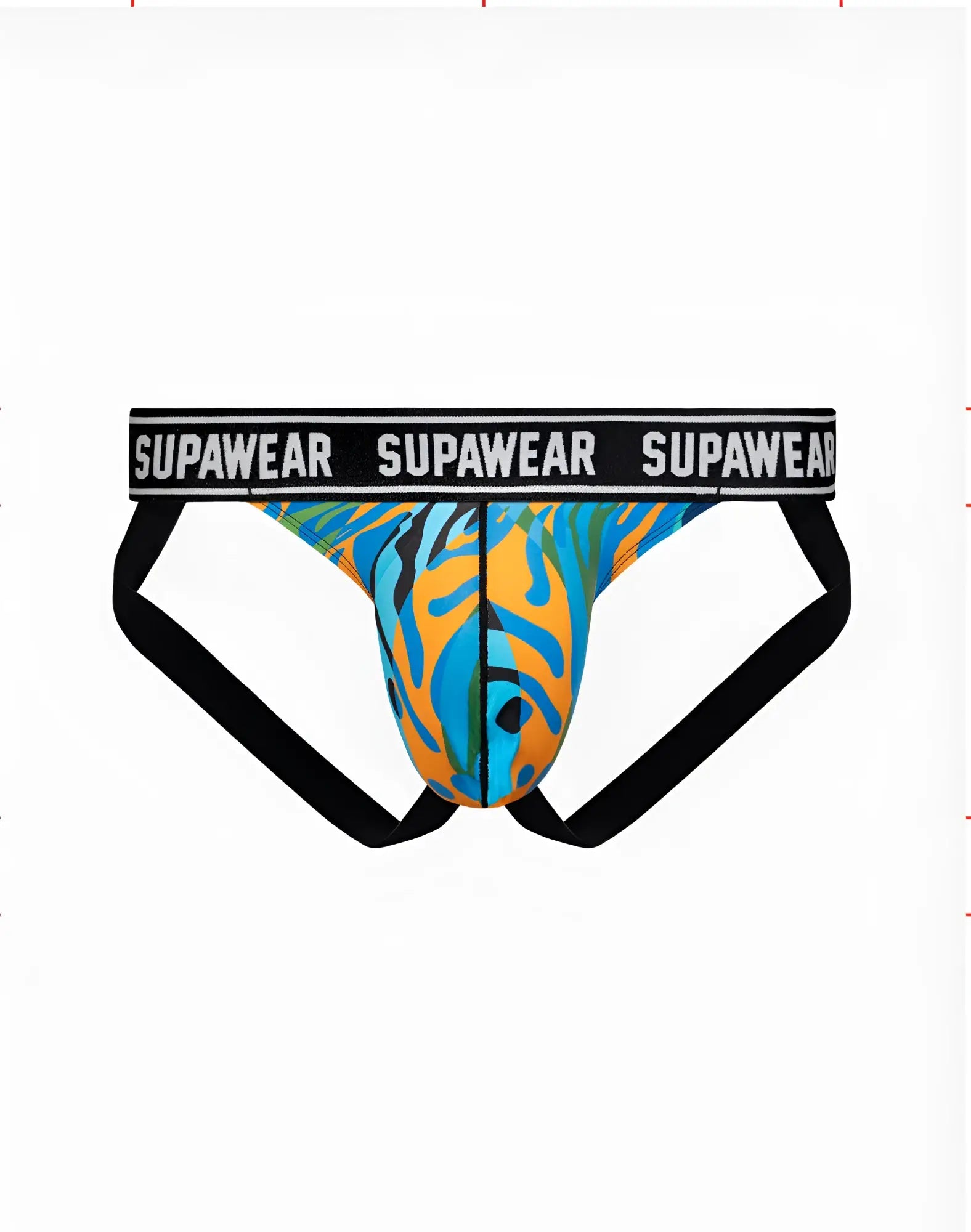 Vibrant blue and orange flame-patterned supawear pow jockstrap briefs with black elastic waistband arctic animal design
