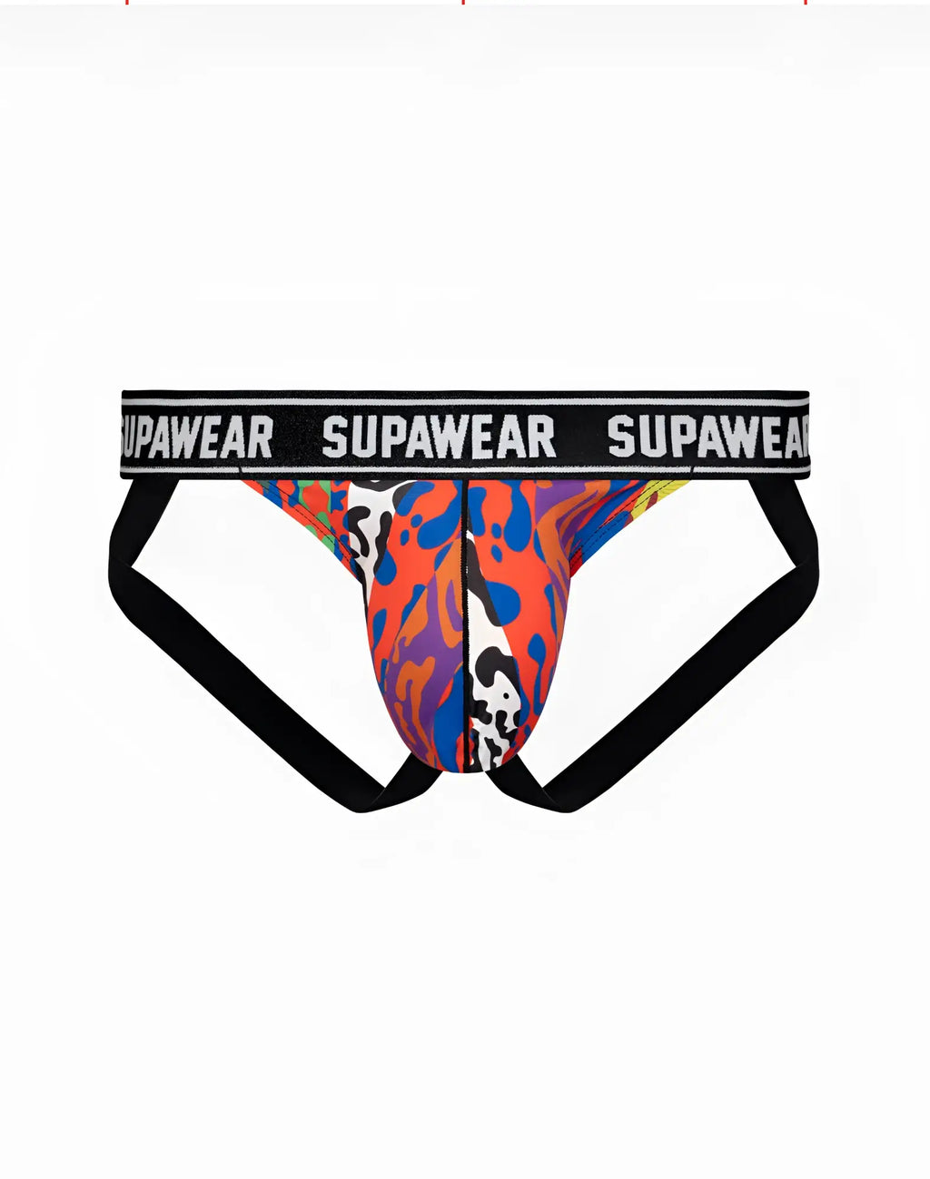 SupaWear POW jockstrap underwear in crimson beast featuring vibrant orange and blue abstract pattern with black trim