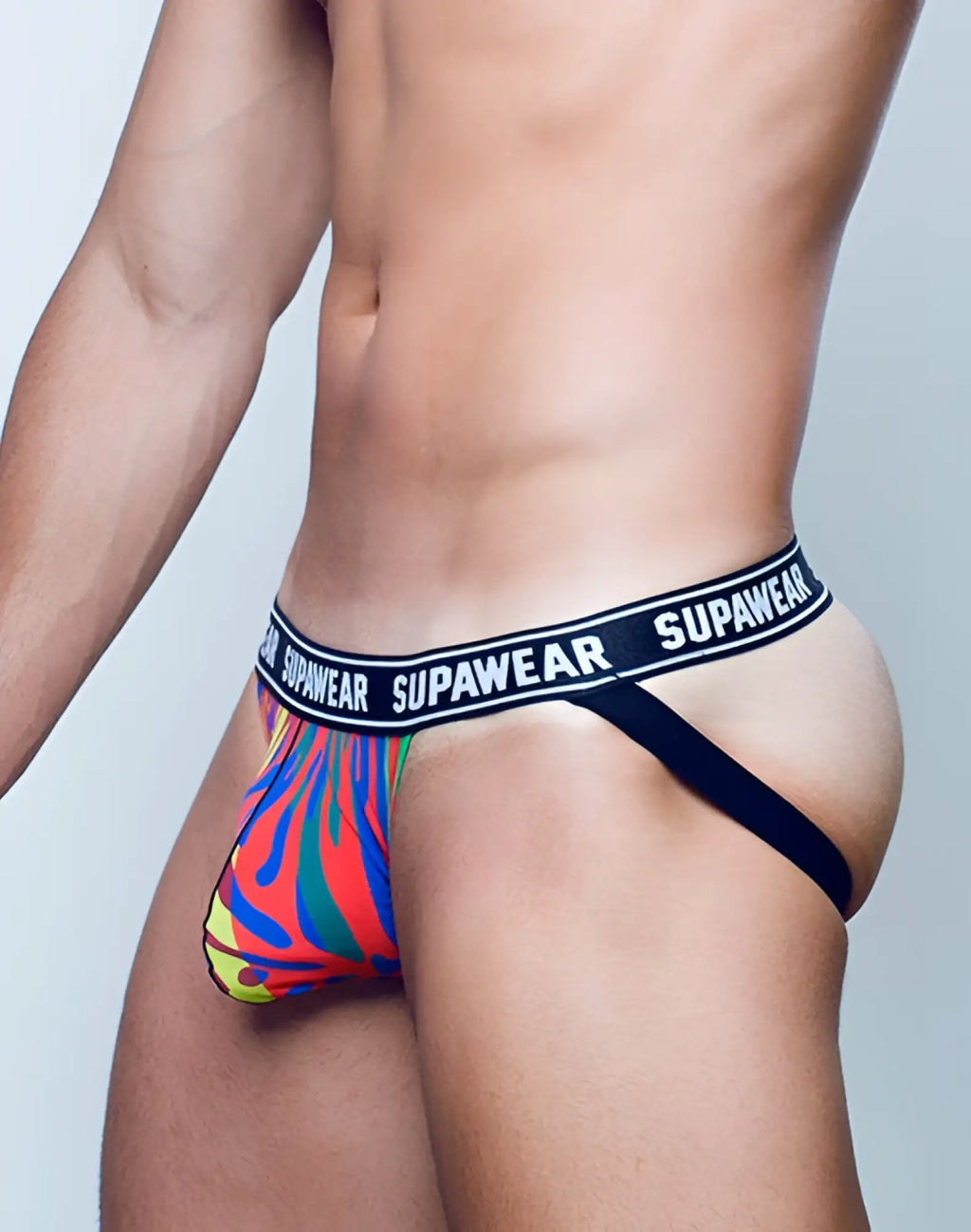 Supsawear pow jockstrap underwear in vibrant multicolored flame pattern with black waistband and white brand lettering