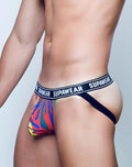 Supsawear pow jockstrap underwear in vibrant multicolored flame pattern with black waistband and white brand lettering