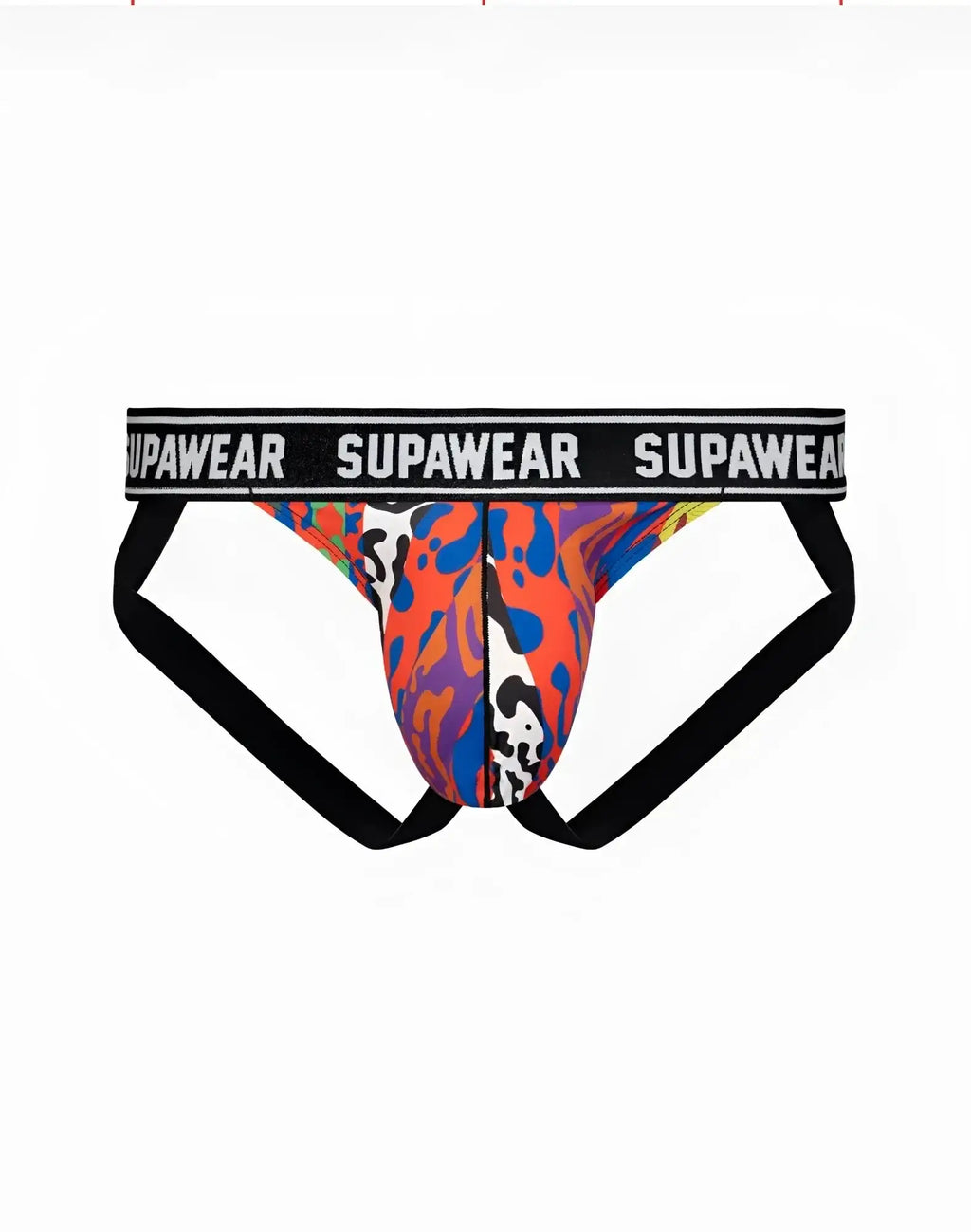 SupaWear POW jockstrap underwear in crimson beast featuring vibrant orange and blue abstract pattern with black trim