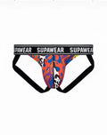 SupaWear POW jockstrap underwear in crimson beast featuring vibrant orange and blue abstract pattern with black trim