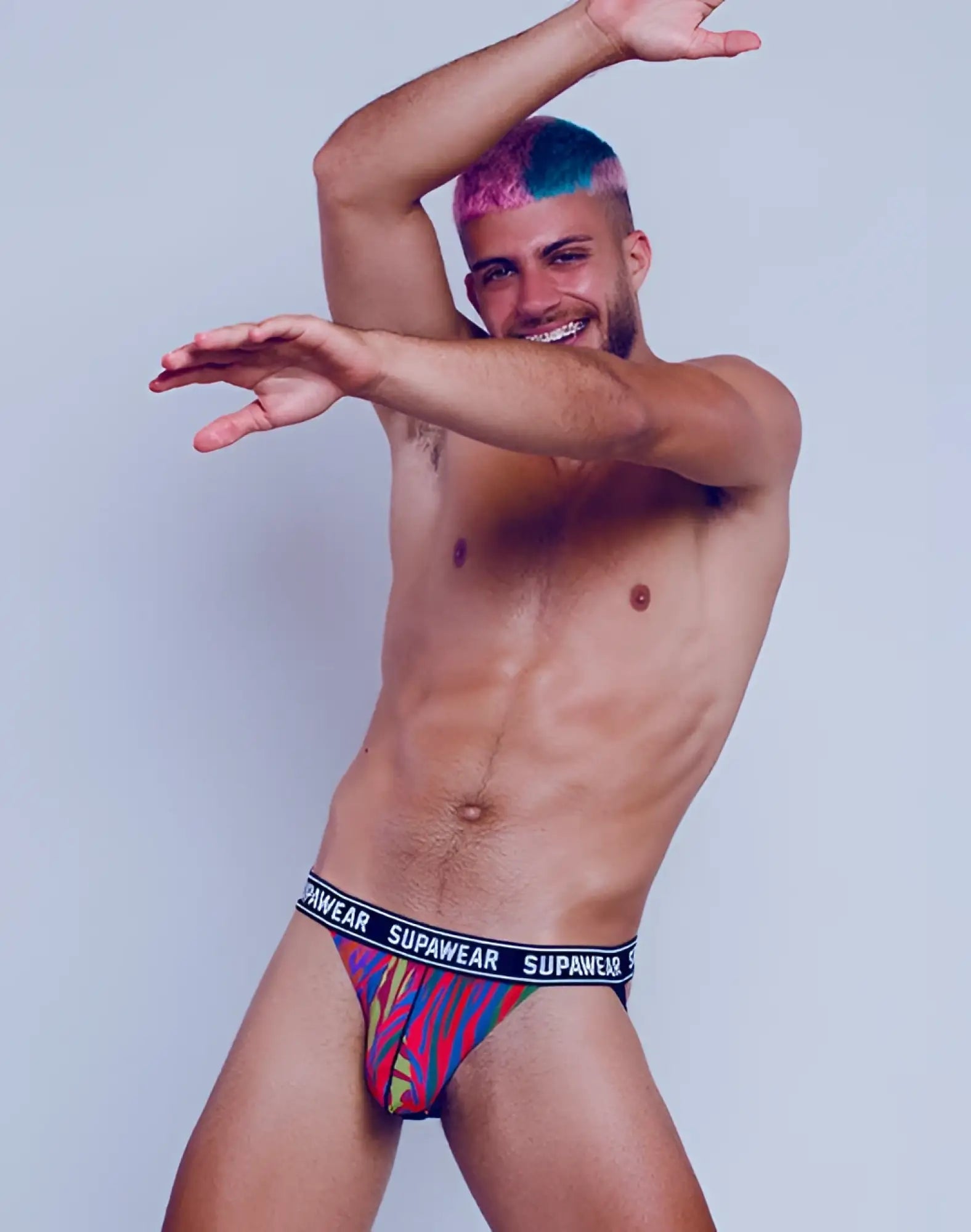 SupaWEAR pow jockstrap briefs featuring vibrant red and blue pattern for bold, comfortable underwear wear