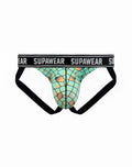 SupaWear Pow jockstrap underwear with teal and orange mosaic front and black elastic waistband and leg straps