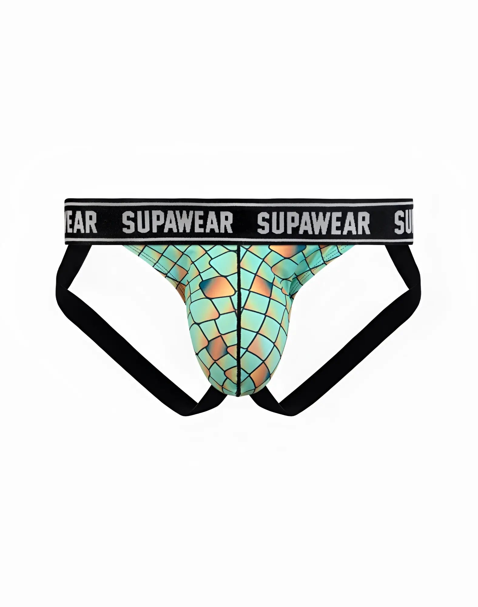 SupaWear Pow jockstrap underwear with teal and orange mosaic front and black elastic waistband and leg straps