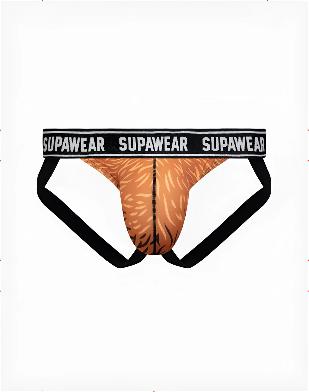SupaWear Pow jockstrap underwear with tan and black tiger stripe front and black waistband with SupaWear logo in white