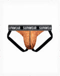 SupaWear Pow jockstrap underwear with tan and black tiger stripe front and black waistband with SupaWear logo in white