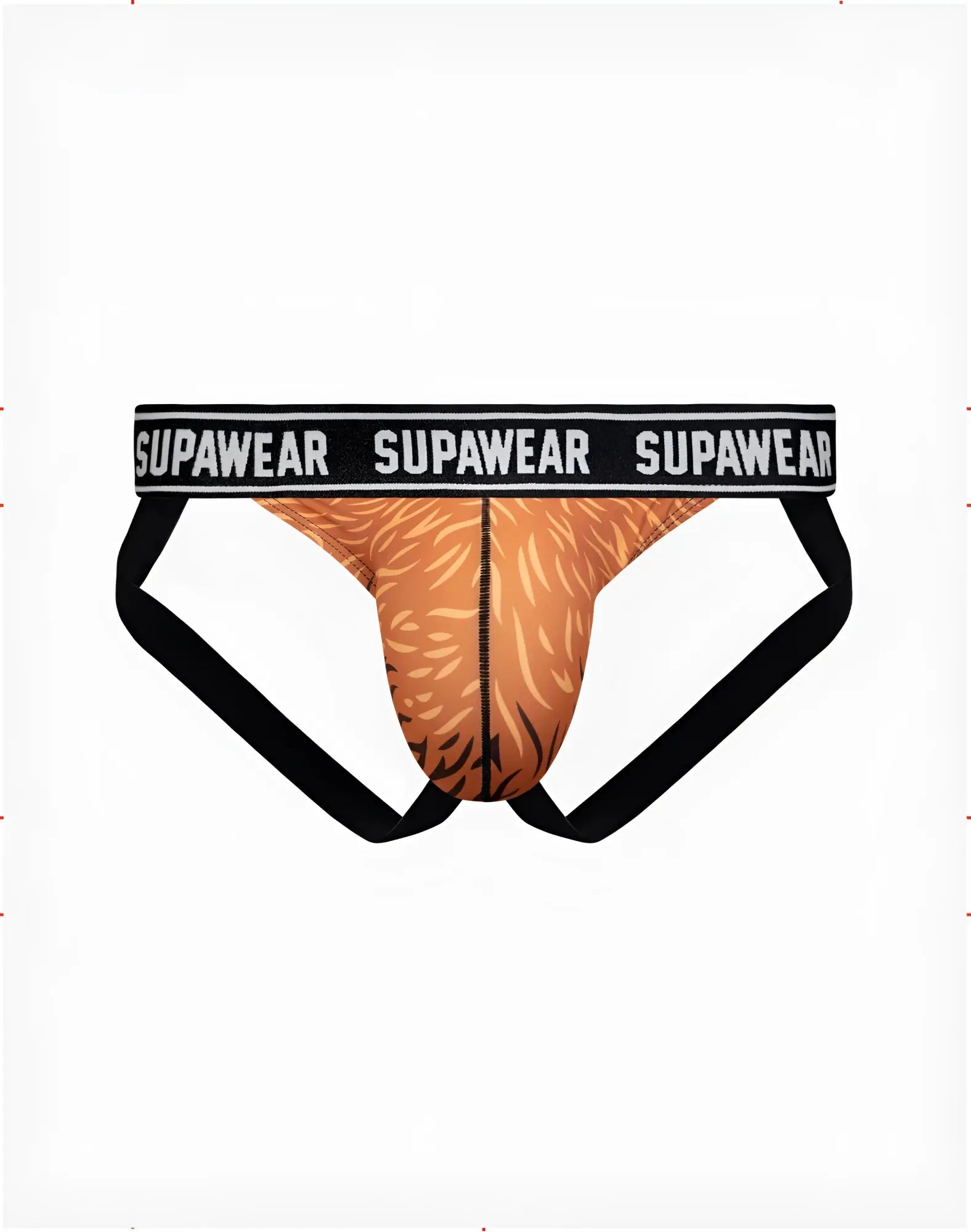 SupaWear Pow jockstrap underwear with tan and black tiger stripe front and black waistband with SupaWear logo in white