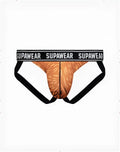 SupaWear Pow jockstrap underwear with tan and black tiger stripe front and black waistband with SupaWear logo in white