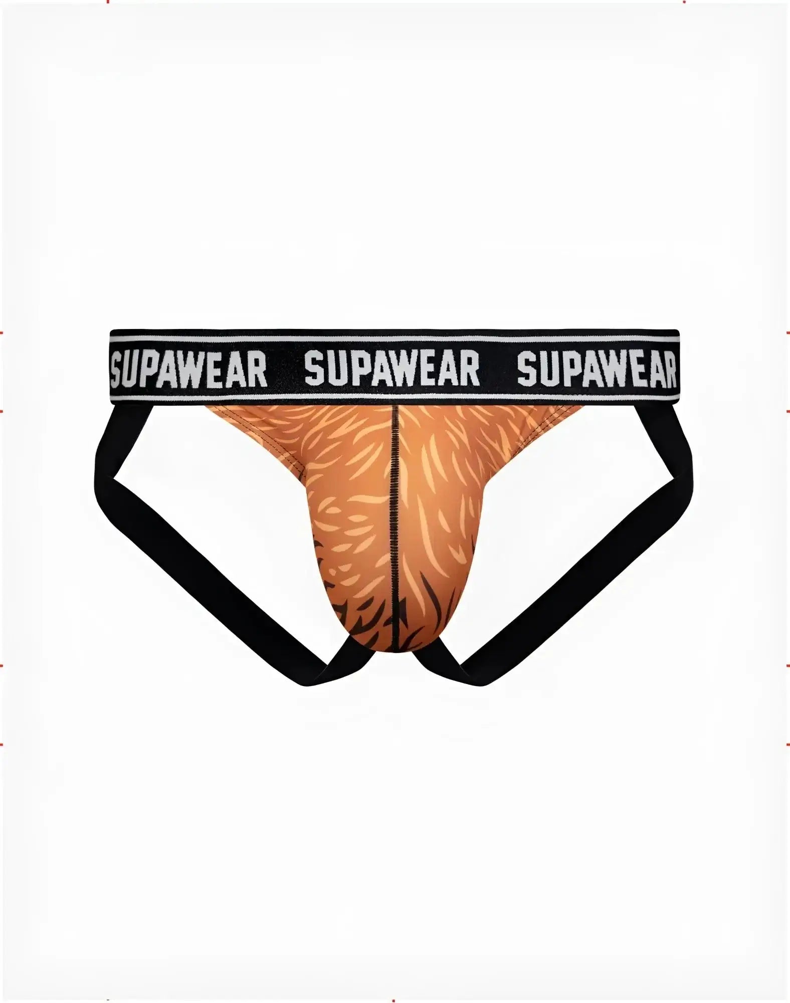 SupaWear Pow jockstrap underwear with tan and black tiger stripe front and black waistband with SupaWear logo in white