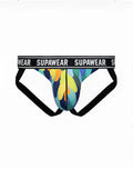 Vibrant tropical feather print supawear pow jockstrap underwear with black elastic waistband in peacock colors