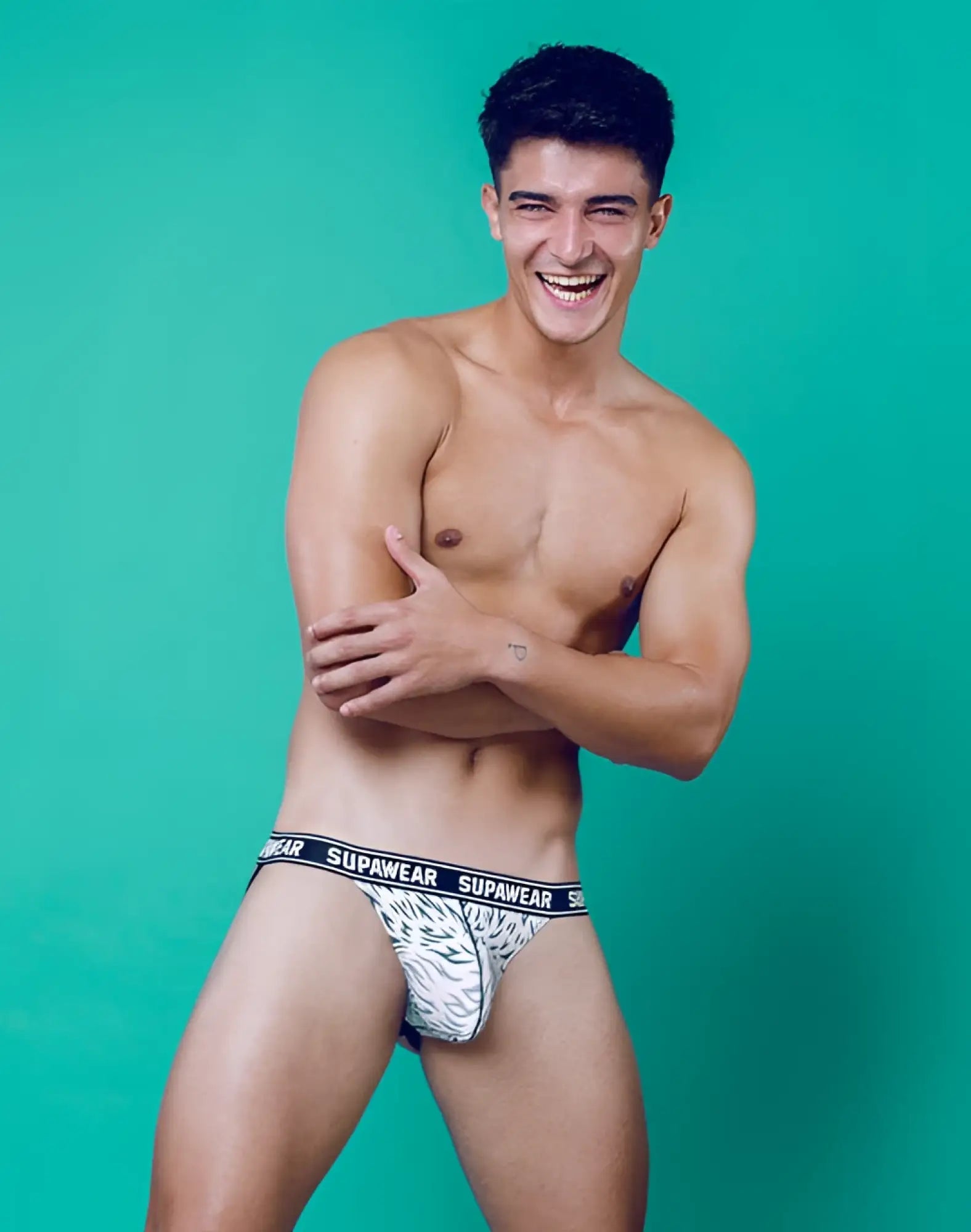 White and black tiger-striped supawear pow jockstrap underwear with branded elastic waistband front view