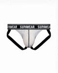 White supawear pow jockstrap briefs with black trim and bold logo band designed for support and style