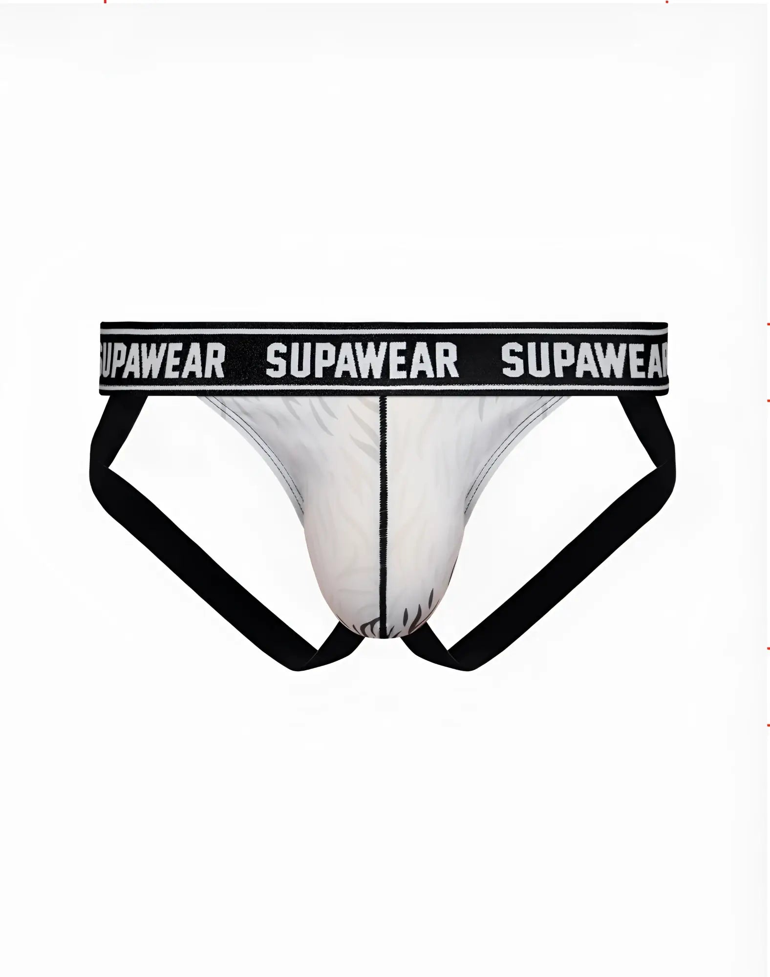 White supawear pow jockstrap briefs with black trim and bold logo band designed for support and style