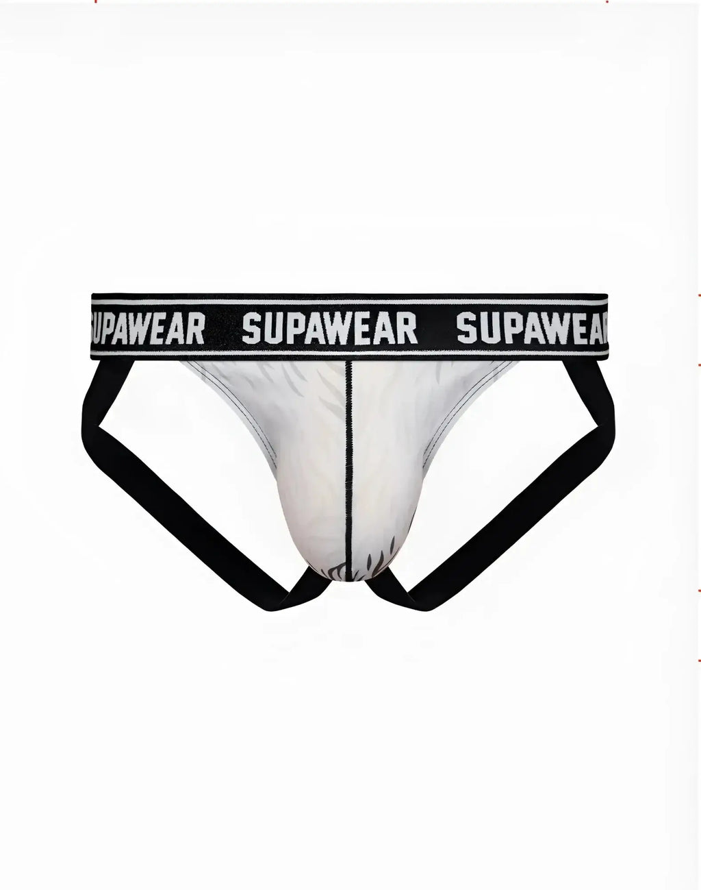 White supawear pow jockstrap briefs with black trim and bold logo band designed for support and style