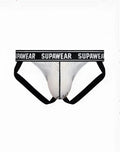 White supawear pow jockstrap briefs with black trim and bold logo band designed for support and style