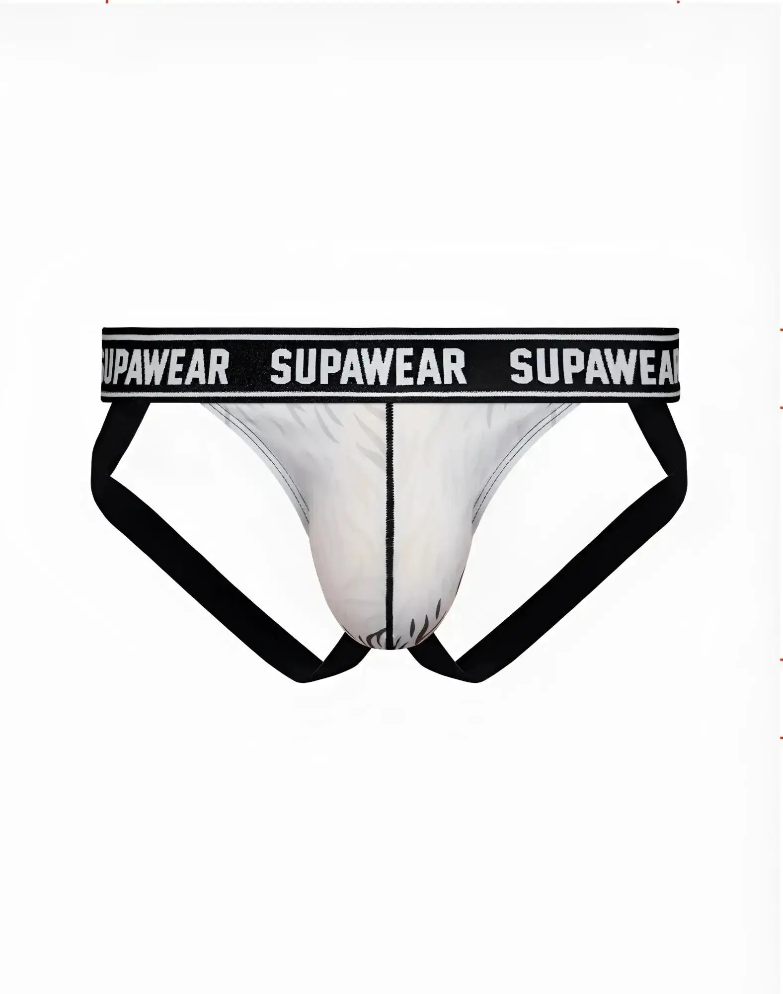 White supawear pow jockstrap briefs with black trim and bold logo band designed for support and style
