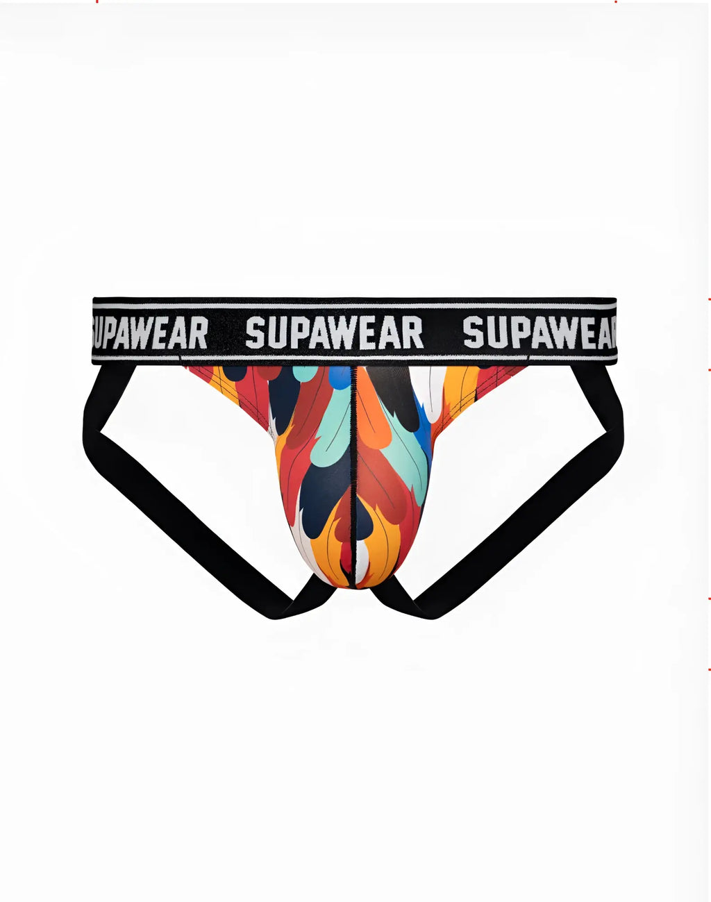Vibrant flame-patterned supawear pow jockstrap underwear with black waistband and leg straps for active wear