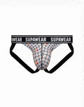 Supawear pow jockstrap underwear sea monsta mermaid scale patterned briefs with black waistband and leg straps front view