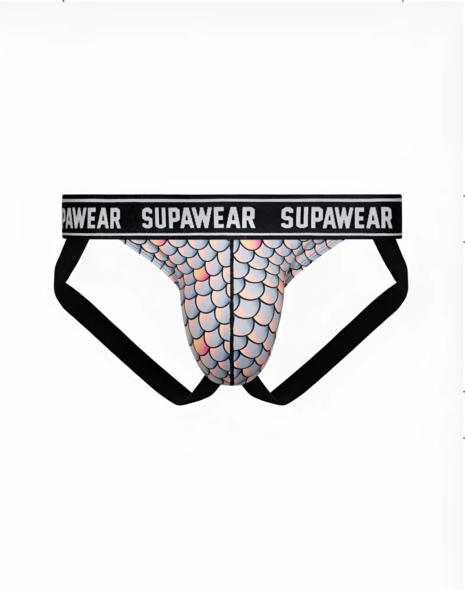 Supawear pow jockstrap underwear sea monsta mermaid scale patterned briefs with black waistband and leg straps front view