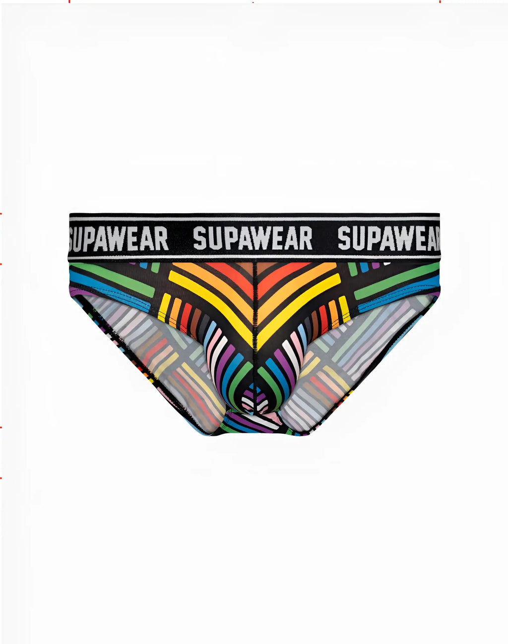 SupaWear POW Pride brief underwear with vibrant rainbow geometric pattern and black waistband with brand name in white