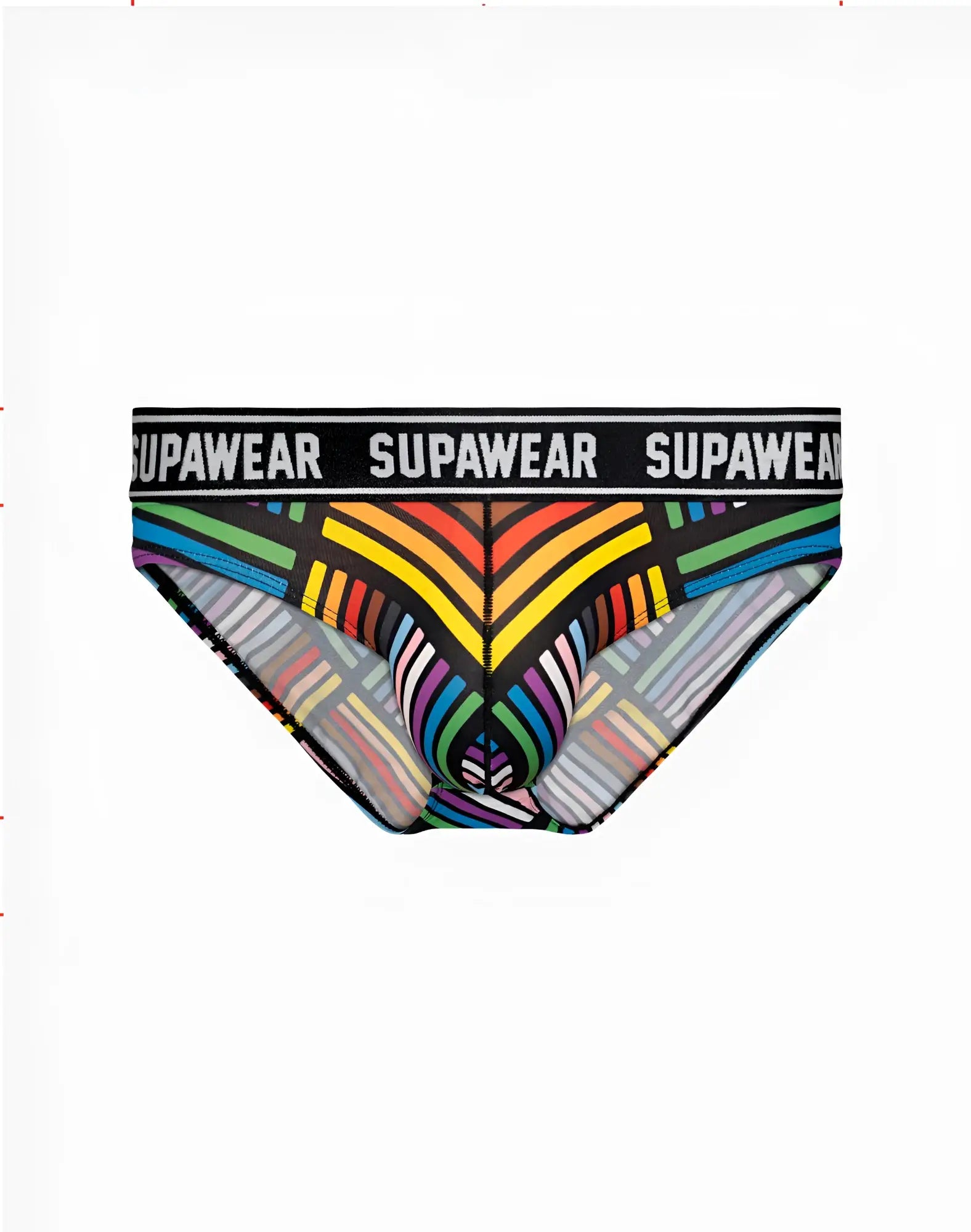SupaWear POW Pride brief underwear with vibrant rainbow geometric pattern and black waistband with brand name in white