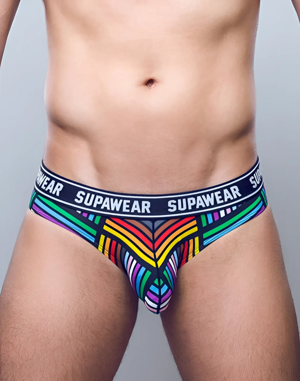 SupaWear POW Pride brief underwear with vibrant rainbow geometric pattern and black waistband with white SupaWear logo