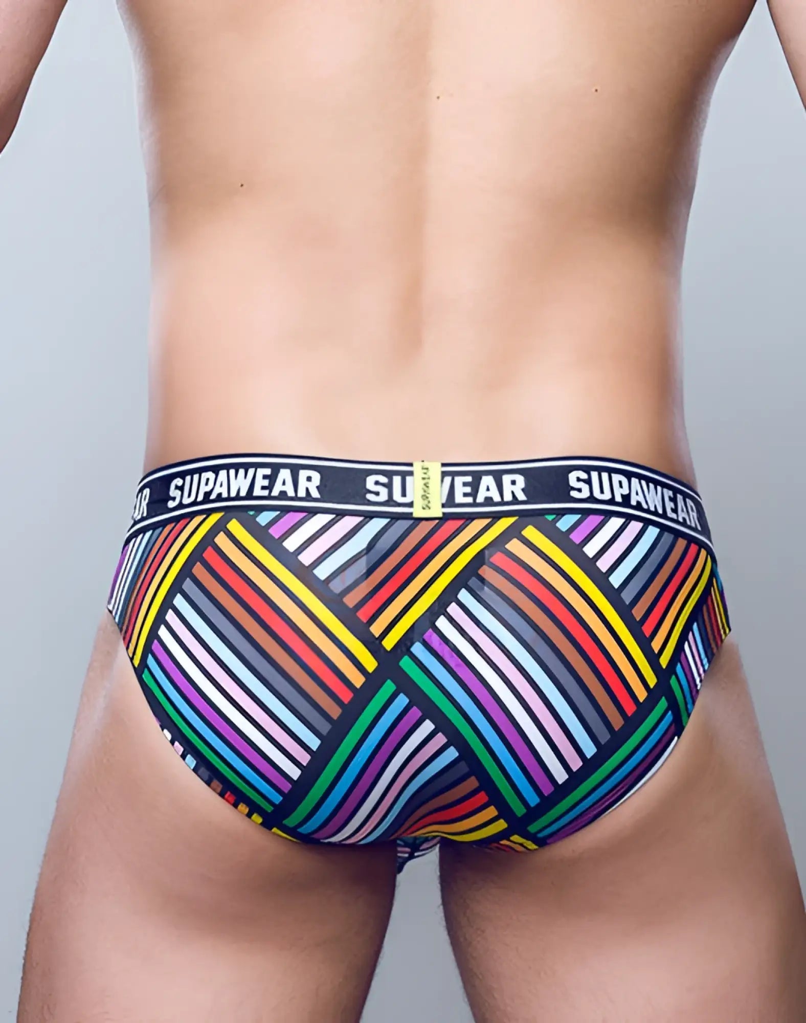Vibrant rainbow striped supawear pow pride men’s briefs with black elastic waistband for comfortable support