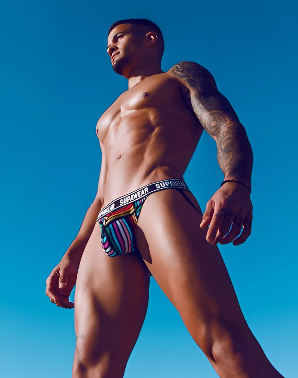 Supawear pow pride rainbow jockstrap underwear with rainbow stripes and black waistband featuring supawear logo